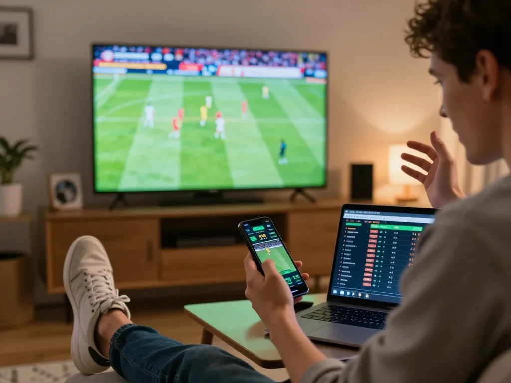 lv88 mobile betting scene featuring an enthusiastic player using a smartphone and laptop during a live football match.