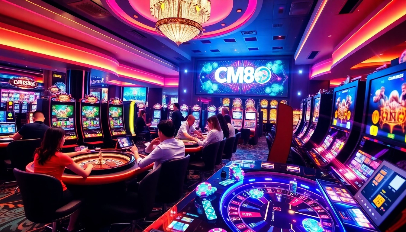 Engage in the exciting gaming experience at https://icm88.com/ban-ca-cm88/ with vibrant casino visuals featuring players celebrating wins.