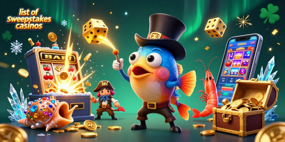 Engage in the thrilling world of sweepstakes casinos with vibrant 3D illustration featuring unique aquatic characters.
