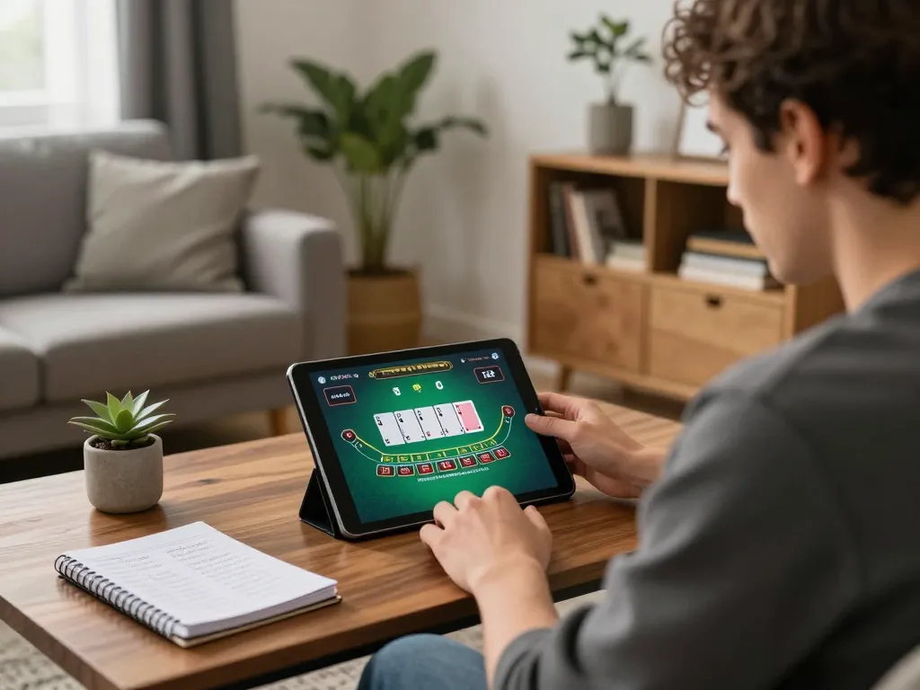 Player enjoying da88 online blackjack on tablet in cozy living room setting.