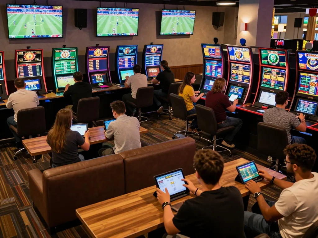Engaged users placing bets in a bustling trang cá cược bóng đá lounge with multiple screens showing live sports events.