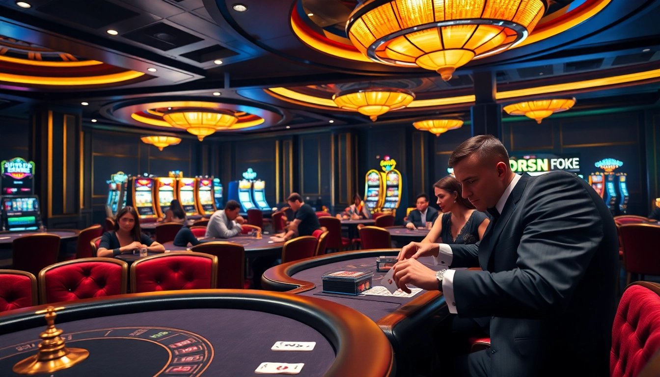 Experience excitement at a VIPwin casino table with high-stakes poker and vibrant slot machines.