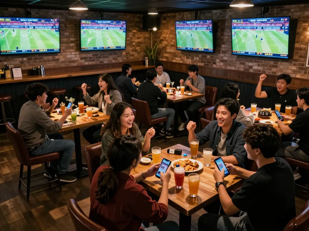 Engaged sports bettors viewing ty le keo nha cai on smartphones during live events.