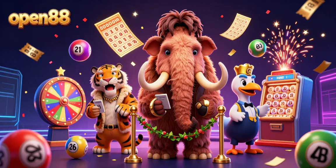 Win exciting prizes at open88 with a vibrant illustration featuring casino characters and dynamic lottery elements.