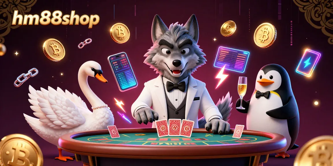 Engage with hm88shop at an animated baccarat game featuring lively characters, including a stylish wolf and a swan dealer.