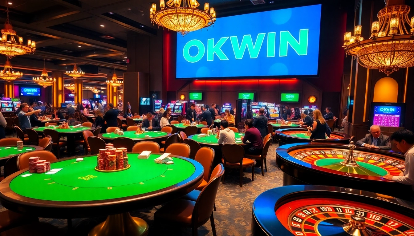 Experience the thrill of betting at OKWIN with vibrant casino tables and excited players.