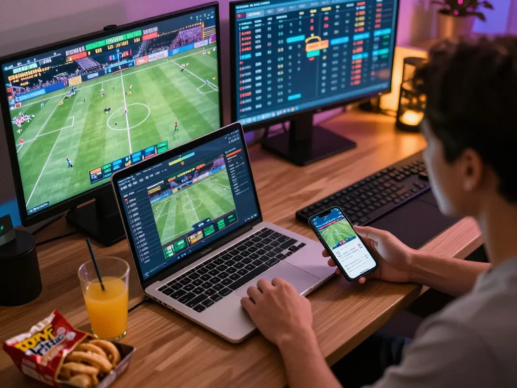 Engaged bettor using FUN79's sports betting app on multiple screens in a dynamic home office.