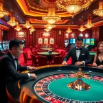 Engaging atmosphere at Nhà cái OK9 casino with players at roulette and slot machines.