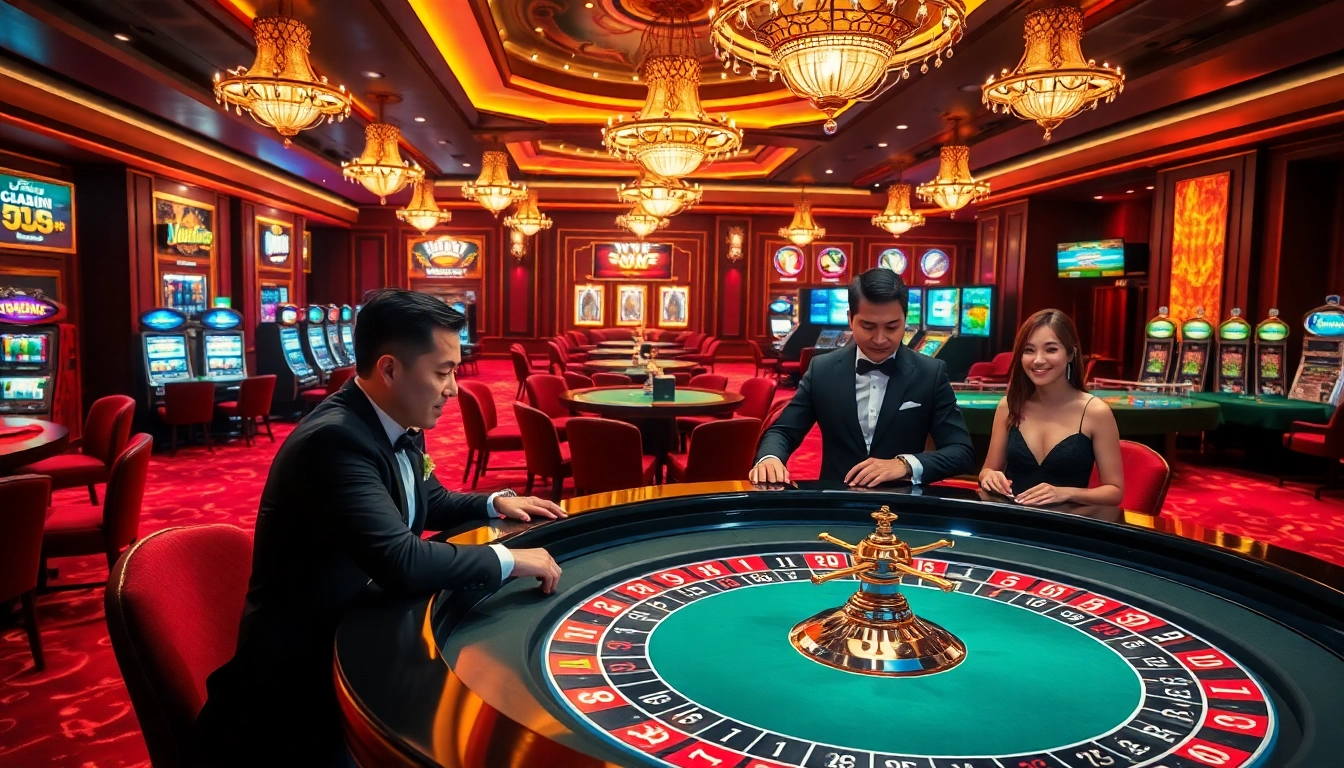 Engaging atmosphere at Nhà cái OK9 casino with players at roulette and slot machines.