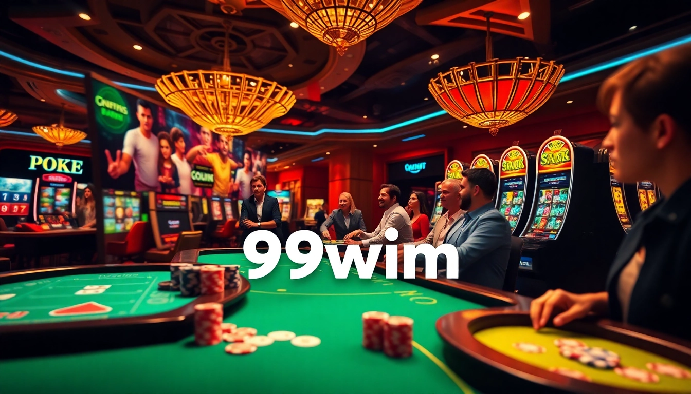 Engaging online gambling scene featuring 99wim's casino games, vibrant tables, and enthusiastic players.