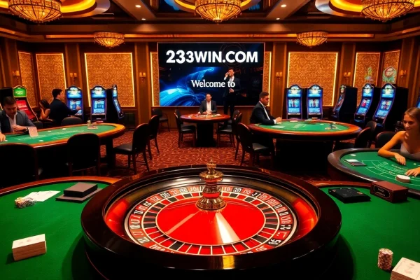 Gamblers enjoying intense games at 23WIN.COM with roulette and blackjack tables, showcasing excitement and luxury.