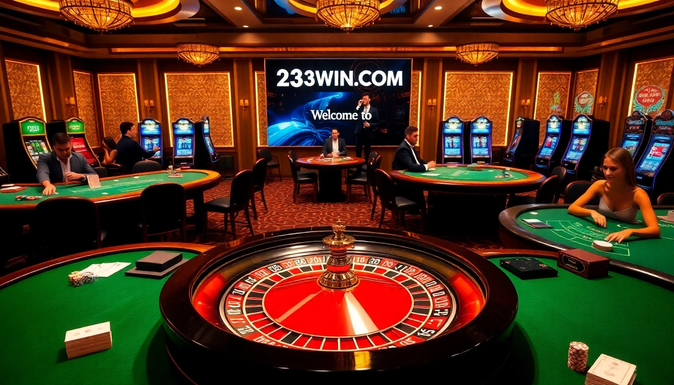 Gamblers enjoying intense games at 23WIN.COM with roulette and blackjack tables, showcasing excitement and luxury.