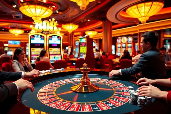 Exciting gameplay at 888 NEW casino with vibrant roulette wheel and cheerful players.