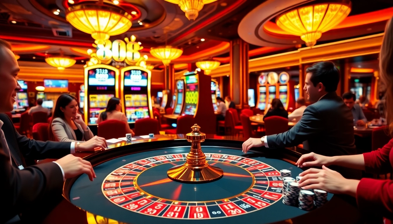 Exciting gameplay at 888 NEW casino with vibrant roulette wheel and cheerful players.