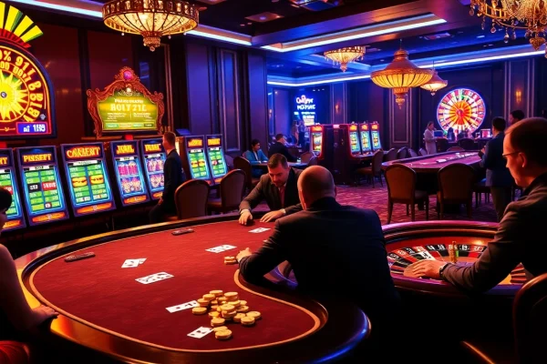Players engaging in high-stakes poker at a luxury casino table, inspired by nohu90 gambling excitement.