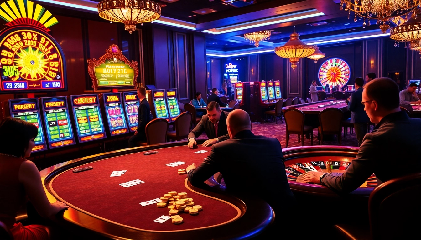 Players engaging in high-stakes poker at a luxury casino table, inspired by nohu90 gambling excitement.