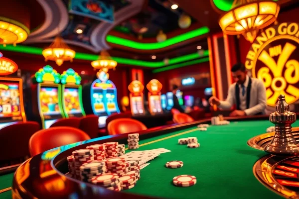 Experience the thrill of casino gaming with vibrant 789p tables and lively slot machines in a luxurious setting.