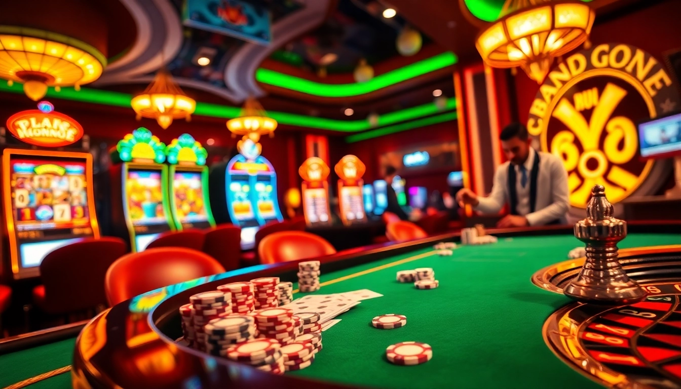Experience the thrill of casino gaming with vibrant 789p tables and lively slot machines in a luxurious setting.