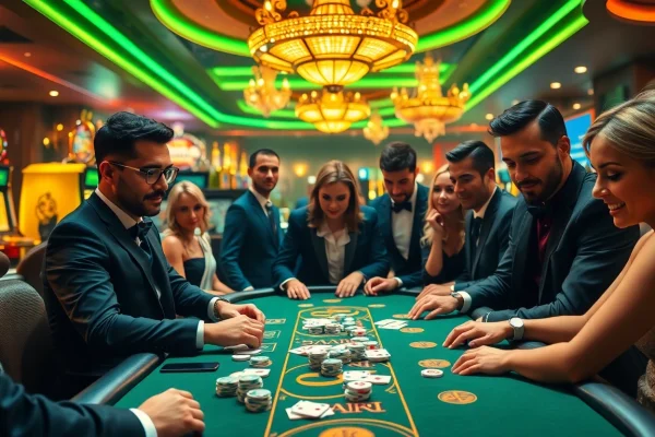Exciting casino scene with players at a poker table, featuring https://kjc.football/ gaming elements.