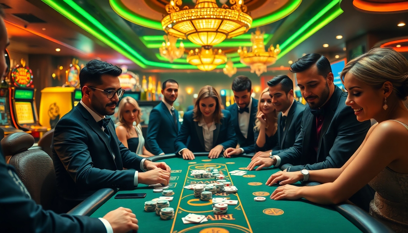 Exciting casino scene with players at a poker table, featuring https://kjc.football/ gaming elements.