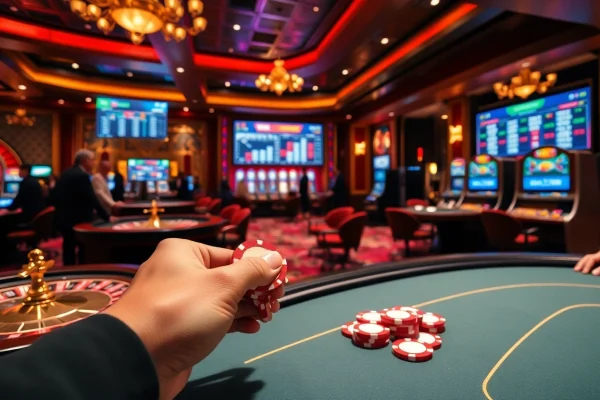 Experience thrilling gambling at https://f8bet.io/ with poker chips and roulette wheels in a luxurious casino.