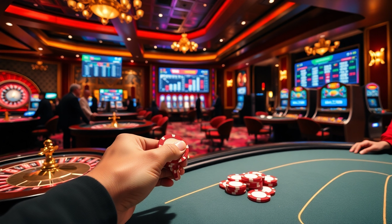 Experience thrilling gambling at https://f8bet.io/ with poker chips and roulette wheels in a luxurious casino.