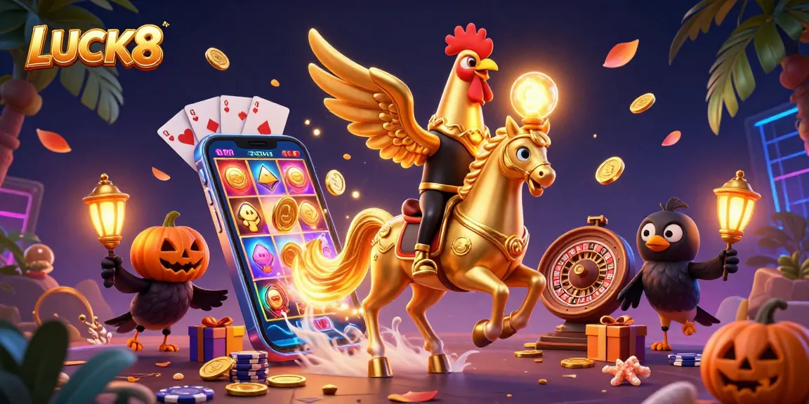 Experience excitement at LUCK8 with a dynamic 3D casino scene featuring a golden rooster and vibrant game elements.