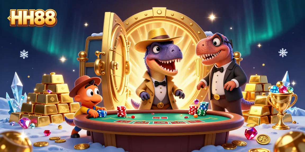 Experience thrilling wins at HH88 with cartoon characters countering at a blackjack table as excitement bursts around them.