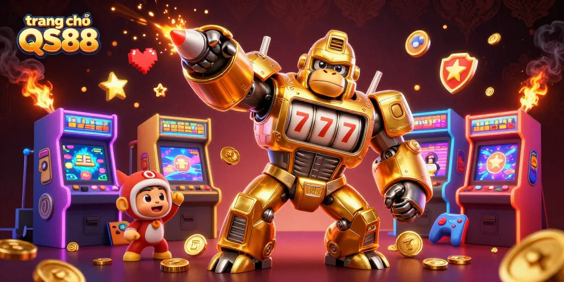 Spin the reels with the stunning 3D illustration of trang chủ QS88 featuring dynamic gaming elements and a powerful gorilla mech!