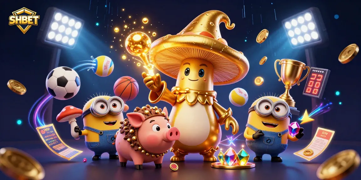 Players enjoy dynamic sports betting action and games at SHBET online casino with treasure-filled 3D illustration.